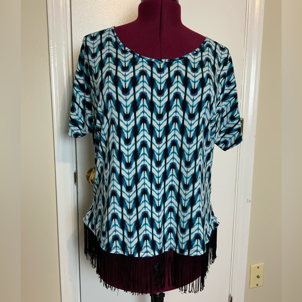 NWOT New Directions Petite Fringe Trim Crop Tunic Top Black Purple Blue …